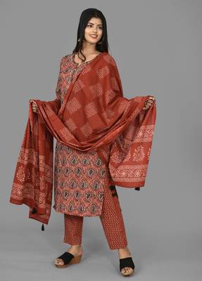 KAAJH Red Paisley Printed Cotton Suit Set 4