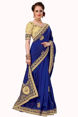 Trendmalls Blue embroidered silk   Traditional Wedding Party Wear Bridal Saree With Blouse   4