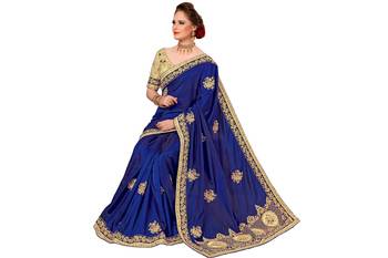 Trendmalls Blue embroidered silk   Traditional Wedding Party Wear Bridal Saree With Blouse   5