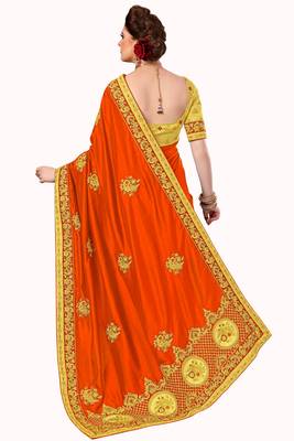 Trendmalls Orange embroidered silk   Traditional Wedding Party Wear Bridal Saree With Blouse   2