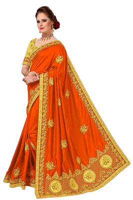 Trendmalls Orange embroidered silk   Traditional Wedding Party Wear Bridal Saree With Blouse   3