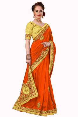 Trendmalls Orange embroidered silk   Traditional Wedding Party Wear Bridal Saree With Blouse   4