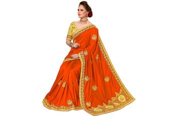 Trendmalls Orange embroidered silk   Traditional Wedding Party Wear Bridal Saree With Blouse   5