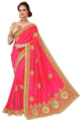 Trendmalls Pink embroidered silk   Traditional Wedding Party Wear Bridal Saree With Blouse   1