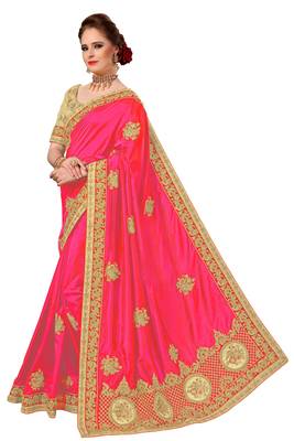 Trendmalls Pink embroidered silk   Traditional Wedding Party Wear Bridal Saree With Blouse   3