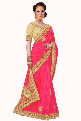 Trendmalls Pink embroidered silk   Traditional Wedding Party Wear Bridal Saree With Blouse   4