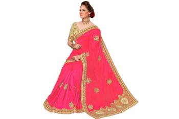 Trendmalls Pink embroidered silk   Traditional Wedding Party Wear Bridal Saree With Blouse   5