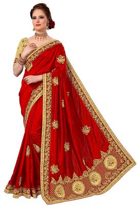 Red embroidered silk saree with blouse 1