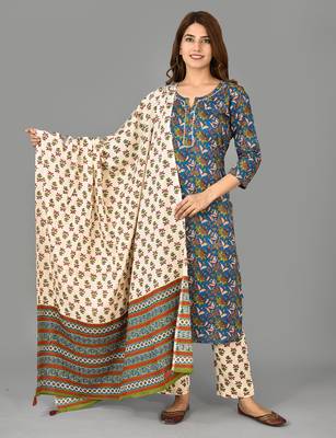 KAAJH Blue Floral Printed Cotton Suit Set 1