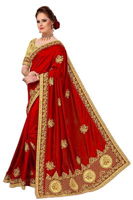 Red embroidered silk saree with blouse 3