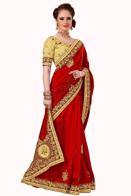 Red embroidered silk saree with blouse 4