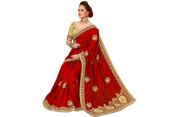 Red embroidered silk saree with blouse 5