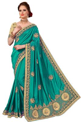 Trendmalls Turquoise embroidered silk   Traditional Wedding Party Wear Bridal Saree With Blouse   1