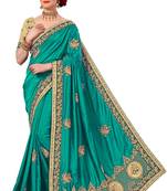 Trendmalls Turquoise embroidered silk   Traditional Wedding Party Wear Bridal Saree With Blouse  