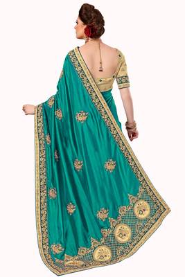 Trendmalls Turquoise embroidered silk   Traditional Wedding Party Wear Bridal Saree With Blouse   2
