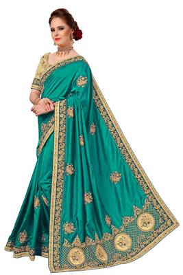 Trendmalls Turquoise embroidered silk   Traditional Wedding Party Wear Bridal Saree With Blouse   3