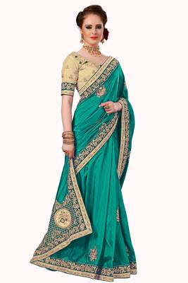 Trendmalls Turquoise embroidered silk   Traditional Wedding Party Wear Bridal Saree With Blouse   4