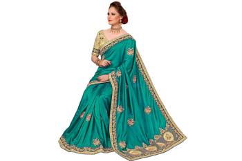 Trendmalls Turquoise embroidered silk   Traditional Wedding Party Wear Bridal Saree With Blouse   5
