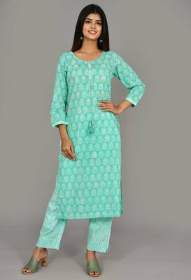 KAAJH Green Printed Cotton Kurta Pant Set 1