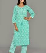 KAAJH Green Printed Cotton Kurta Pant Set