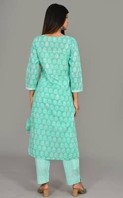 KAAJH Green Printed Cotton Kurta Pant Set 2