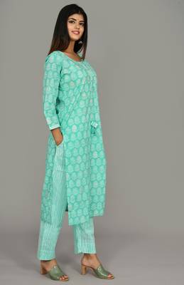 KAAJH Green Printed Cotton Kurta Pant Set 3