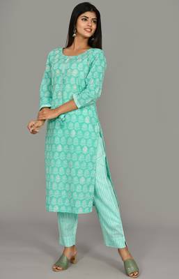 KAAJH Green Printed Cotton Kurta Pant Set 4