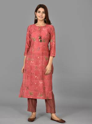 KAAJH Pink Printed Modal  Kurta Pant Set 1