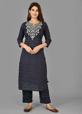 KAAJH Blue Printed Cotton Kurta Pant Set 1