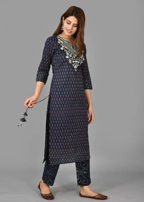 KAAJH Blue Printed Cotton Kurta Pant Set 3
