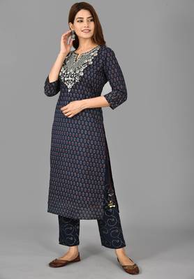 KAAJH Blue Printed Cotton Kurta Pant Set 4
