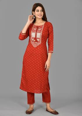 KAAJH Red Embellished Rayon Kurta Pant Set 1