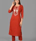 KAAJH Red Embellished Rayon Kurta Pant Set