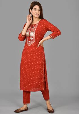 KAAJH Red Embellished Rayon Kurta Pant Set 4
