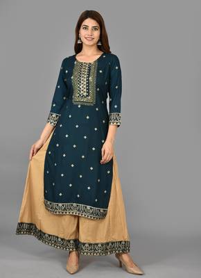 KAAJH Blue Embellished Rayon Kurta Sharara Set 1