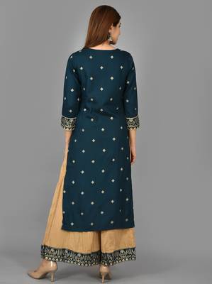 KAAJH Blue Embellished Rayon Kurta Sharara Set 2