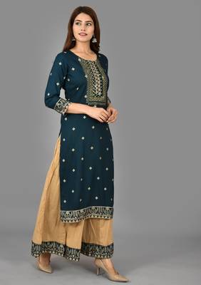 KAAJH Blue Embellished Rayon Kurta Sharara Set 3