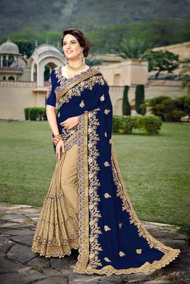 Trendmalls Blue  Silk Heavy Embroidery Work Party Wear Saree With Blouse 1