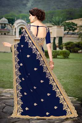 Trendmalls Blue  Silk Heavy Embroidery Work Party Wear Saree With Blouse 2