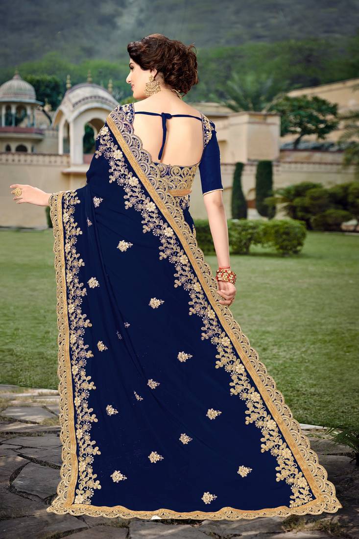 Trendmalls Blue  Silk Heavy Embroidery Work Party Wear Saree With Blouse