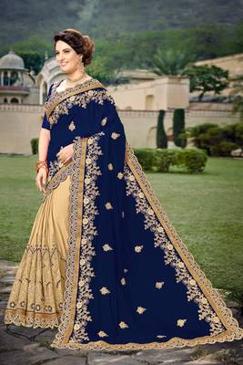Trendmalls Blue  Silk Heavy Embroidery Work Party Wear Saree With Blouse 3