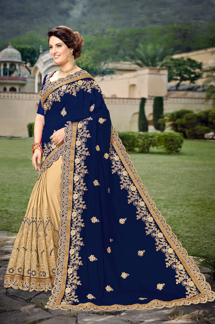 Trendmalls Blue  Silk Heavy Embroidery Work Party Wear Saree With Blouse