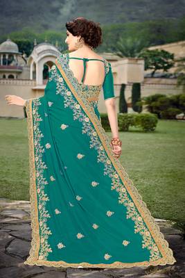 Trendmalls Green  Silk Heavy Embroidery Work Party Wear Saree With Blouse 2