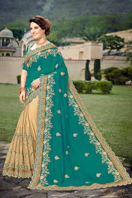 Trendmalls Green  Silk Heavy Embroidery Work Party Wear Saree With Blouse 3