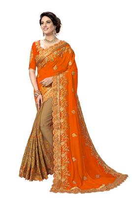 Trendmalls Orange embroidered silk saree with blouse  1