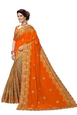 Trendmalls Orange embroidered silk saree with blouse  3