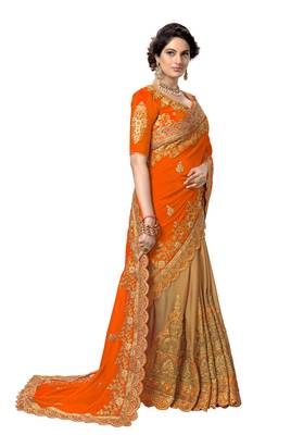 Trendmalls Orange embroidered silk saree with blouse  4