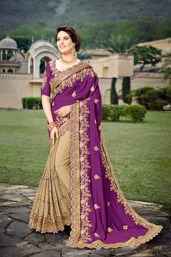 Trendmalls Purple Embroidered Silk Party Wear Saree With Blouse