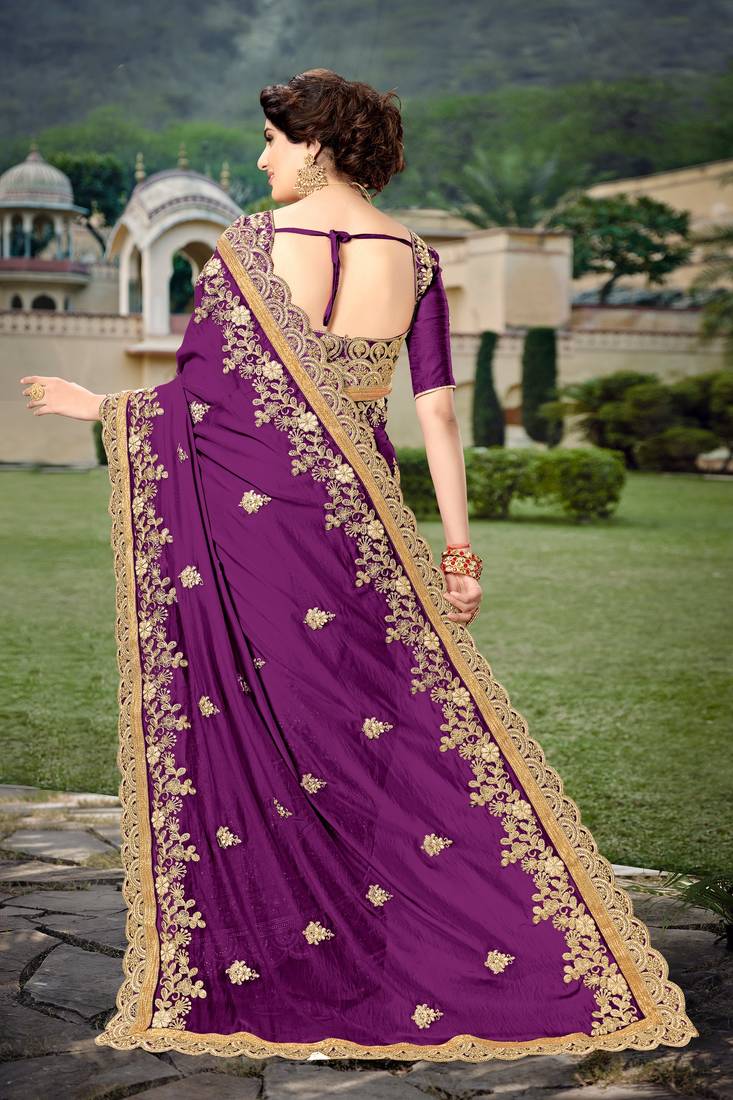 Trendmalls Purple Embroidered Silk Party Wear Saree With Blouse