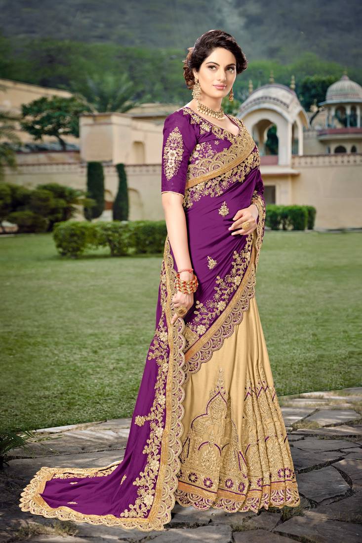 Trendmalls Purple Embroidered Silk Party Wear Saree With Blouse
